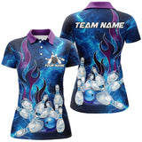 Maxcorners Blue Lightning Thunder Bowling Polo, 1/4 Zip Shirt Purple Flame Custom name Team Bowler Jersey