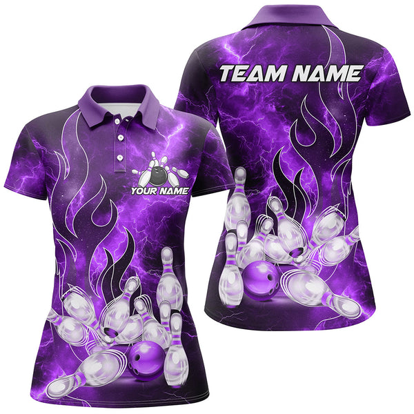 Maxcorners Purple Lightning Thunder Bowling Polo Shirt Red Flame Custom Team Bowler Jersey