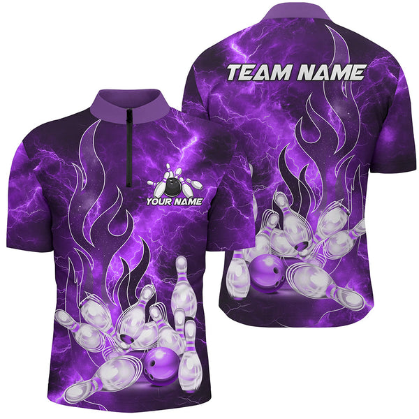 Maxcorners Purple Lightning Thunder Bowling Polo Shirt Red Flame Custom Team Bowler Jersey