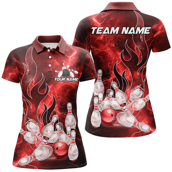 Maxcorners Red Lightning Thunder Bowling Polo Shirt Red Flame Custom Team Bowler Jersey