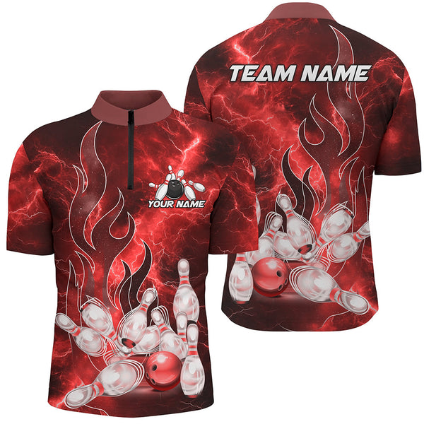 Maxcorners Red Lightning Thunder Bowling Polo Shirt Red Flame Custom Team Bowler Jersey