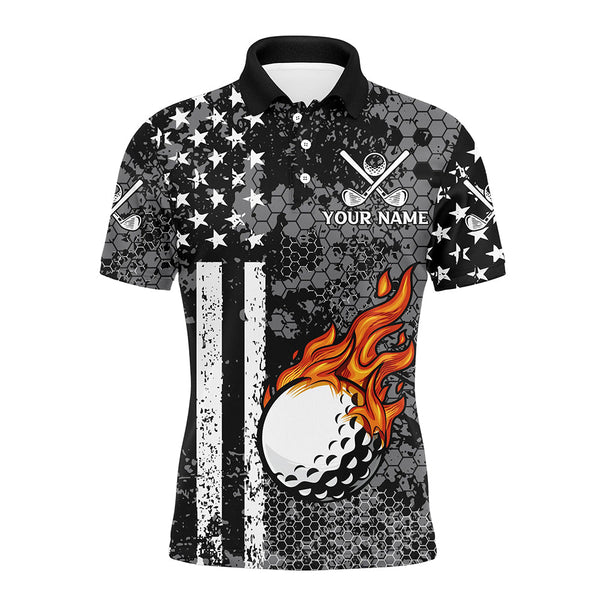 Maxcorners Black And White American Flag Flame Golf Ball Mens Golf Polo Shirts Custom Patriotic Men Golf Tops