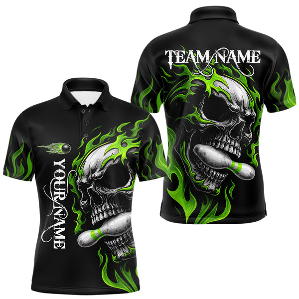 Maxcorners Custom Black and Green Flame Skull Bowling Shirts For Men, Personalized Skull Team Bowling Jersey LM0210