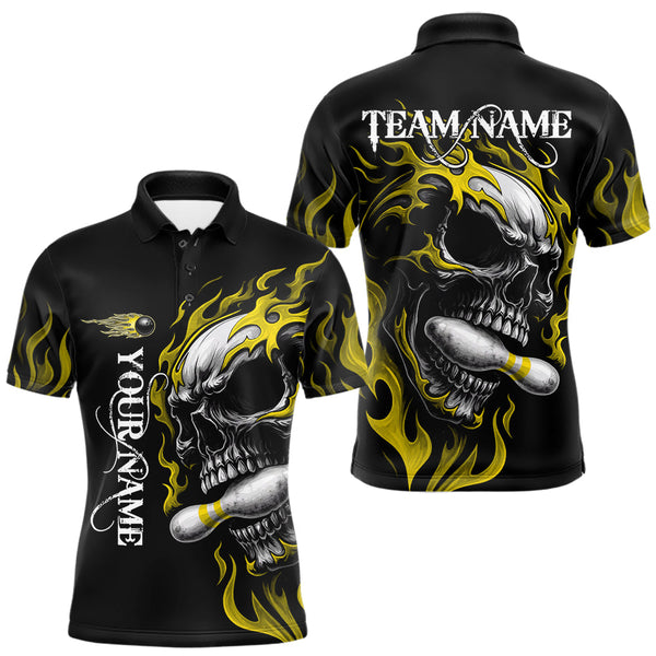 Maxcorners Custom Black and Gold Flame Skull Bowling Shirts For Men, Personalized Skull Team Bowling Jersey MT0410
