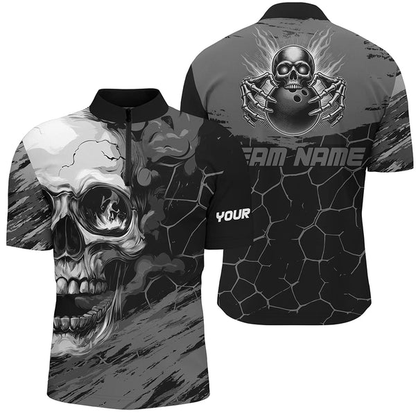 Maxcorners Bowling Black And Gray Skull  Customized Name, Team Name 3D Polo Shirt Unisex