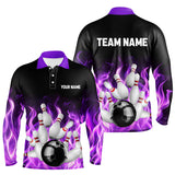 Maxcorners Purple Flame Fire Bowling Polo, Quarter Zip Shirts Custom name Team Bowling Jerseys Bowler