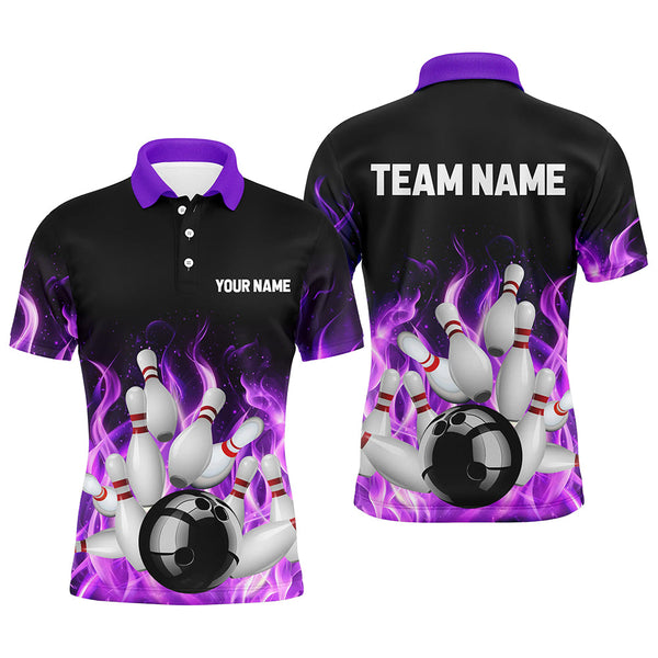 Maxcorners Purple Flame Fire Bowling Polo, Quarter Zip Shirts Custom name Team Bowling Jerseys Bowler