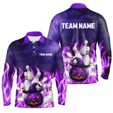 Maxcorners Purple Flame Halloween Pumpkin Bowling Polo, Quarter Zip Shirts Custom Team Bowling Jerseys