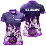 Maxcorners Purple Flame Halloween Pumpkin Bowling Polo, Quarter Zip Shirts Custom Team Bowling Jerseys