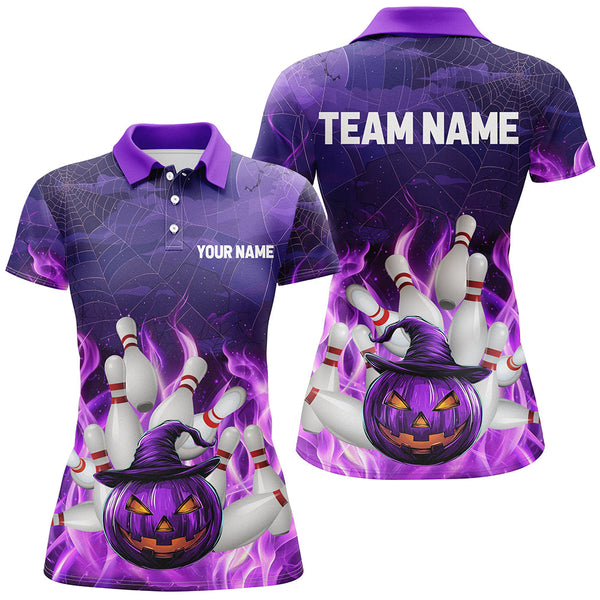 Maxcorners Purple Flame Halloween Pumpkin Bowling Polo, Quarter Zip Shirts Custom Team Bowling Jerseys