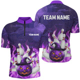 Maxcorners Purple Flame Halloween Pumpkin Bowling Polo, Quarter Zip Shirts Custom Team Bowling Jerseys