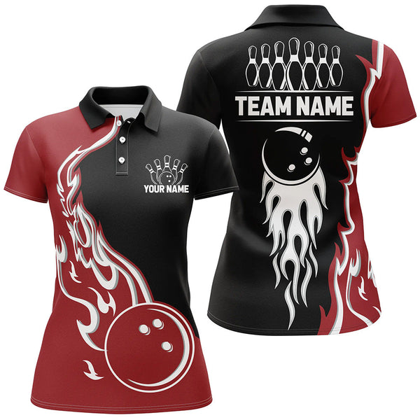 Maxcorners Black and Red Flame Bowling Polo, Quarter Zip Shirt for Women Custom Team Bowling Jersey Bowler Outfit