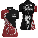 Maxcorners Black and Red Flame Bowling Polo, Quarter Zip Shirt for Women Custom Team Bowling Jersey Bowler Outfit