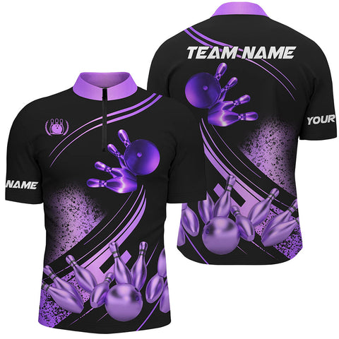 MaxCorners Bowling And Pins Black And Purple Customized Name, Team Name 3D Stand Collar Zipper Polo Shirt For Men