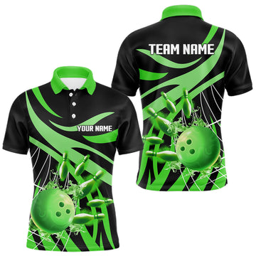 Maxcorners Green flame bowling 1/4 zip, mens polo bowling shirts Custom Team bowling shirts for men