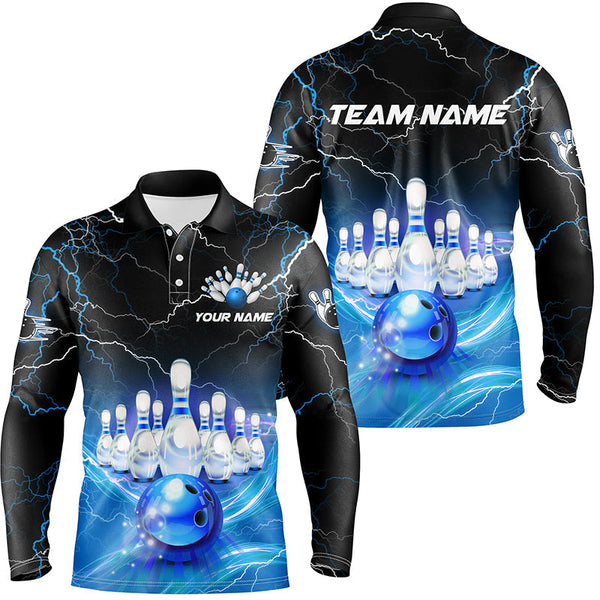 Maxcorners Blue Light Lightning Thunder Mens Bowling Polo Shirts Custom Team Bowling Jerseys, Gift For Bowlers