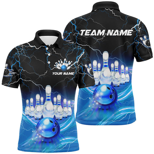 Maxcorners Blue Light Lightning Thunder Mens Bowling Polo Shirts Custom Team Bowling Jerseys, Gift For Bowlers