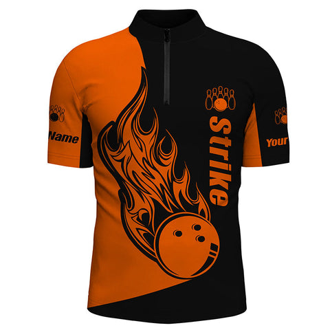 MaxCorners Bowling Ball And Pins Black And Orange Customized Name, Team Name 3D Stand Collar Zipper Polo Shirt