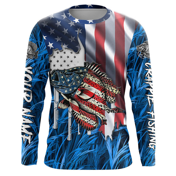 Maxcorners American flag patriot Crappie blue camo fishing, custom mens long sleeve sun protection fishing shirts MT2108