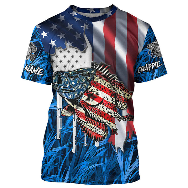 Maxcorners American flag patriot Crappie blue camo fishing, custom mens long sleeve sun protection fishing shirts MT2108
