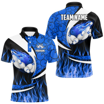 Maxcorners Blue Flame Bowling Camo Bowling Polo, Quarter Zip Shirts For Men Custom Bowling Team Bowler Jerseys