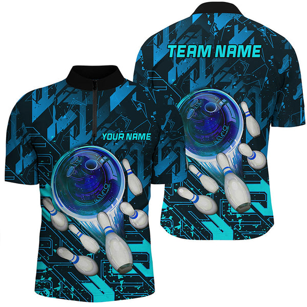 MaxCorners Bowling And Pins Blue Abstract Customized Name, Team Name 3D Stand Collar Zipper Polo Shirt For Men