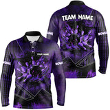 Maxcorners Bowling Ball And Pins Purple Grunge Flame Customized Name, Team Name 3D Polo Shirt