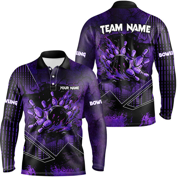 Maxcorners Bowling Ball And Pins Purple Grunge Flame Customized Name, Team Name 3D Polo Shirt