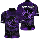 Maxcorners Bowling Ball And Pins Purple Grunge Flame Customized Name, Team Name 3D Polo Shirt