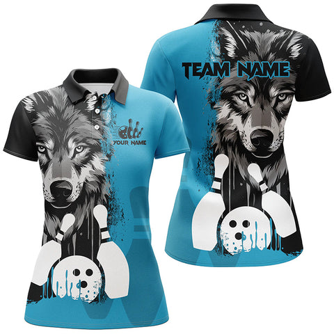 Maxcorners Black And Blue Wolf Bowling Jersey Customized Name, Team Name 3D Shirt