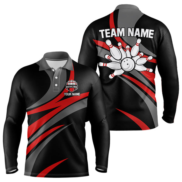 Maxcorners Red And Black Bowling Polo, Quarter Zip Shirts For Men Custom Bowling Team Jersey, Gift For Bowlers