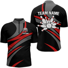 Maxcorners Red And Black Bowling Polo, Quarter Zip Shirts For Men Custom Bowling Team Jersey, Gift For Bowlers