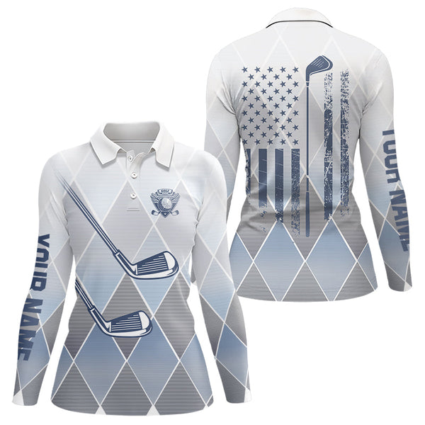 Maxcorners Blue argyle pattern American flag Golf clubs Womens Golf Polo Shirts Custom Golf shirt for ladies