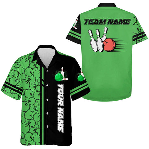 MaxCorners Bowling And Pins Black Green Camo Vintage Customized Name, Team Name 3D Hawaiian Shirt