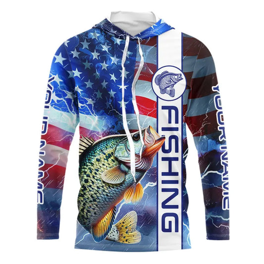 Maxcorners American flag Crappie lightning Long Sleeve Fishing Shirts custom Patriotic Crappie fishing jerseys LM0501
