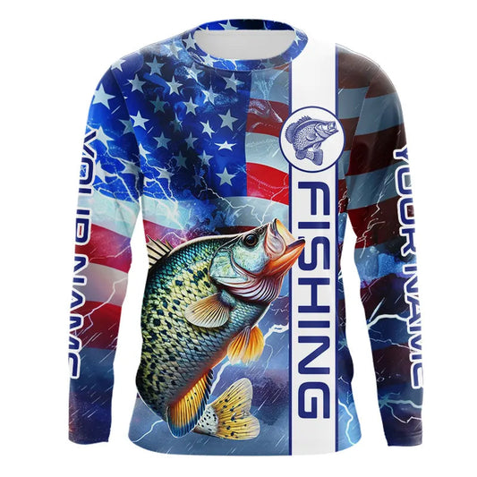 Maxcorners American flag Crappie lightning Long Sleeve Fishing Shirts custom Patriotic Crappie fishing jerseys LM0501