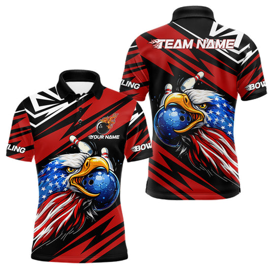 Maxcorners Custom Black and Red Camo American Flag Eagle Bowling shirts for men, patriotic bowling team shirts LM1202
