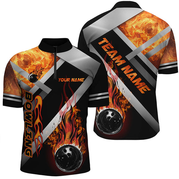 MaxCorners Bowling And Pins Black Ball Flame Customized Name, Team Name 3D Stand Collar Zipper Polo Shirt For Men