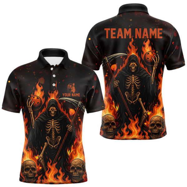 Maxcorners Black And Orange Flame Reaper Skull Custom Halloween Bowling Team Shirts For Men, Bowling Gifts LM0910