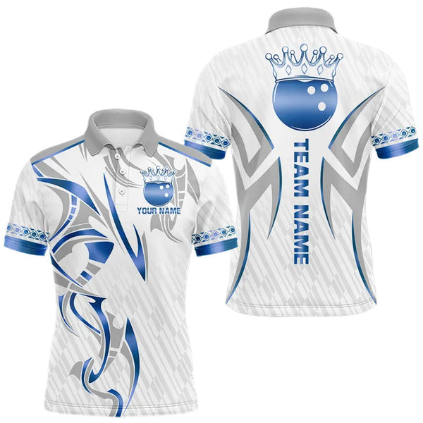 Maxcorners White and Blue crown Bowling ball Polo, Quarter Zip Shirts for Men Custom Bowling Team jerseys TU0411