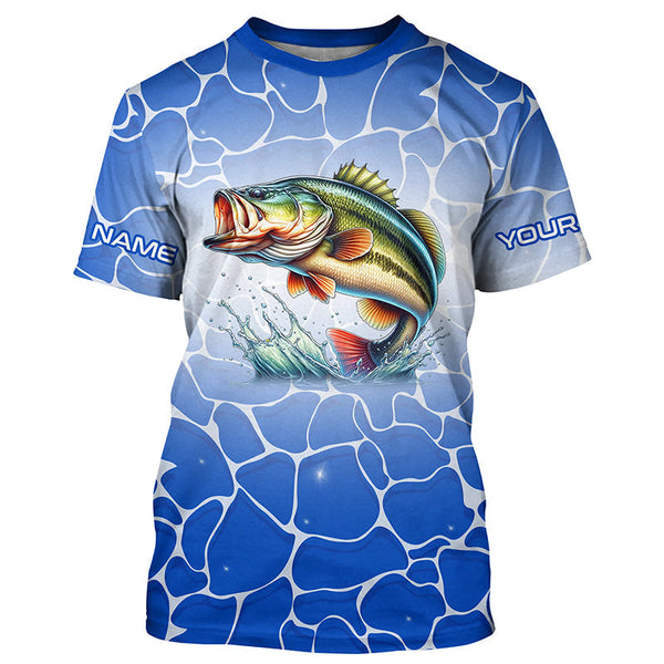 Maxcorners Personalized blue water camo Largemouth bass Long Sleeve Fishing Shirts, Tournament Fishing Jerseys MT2108