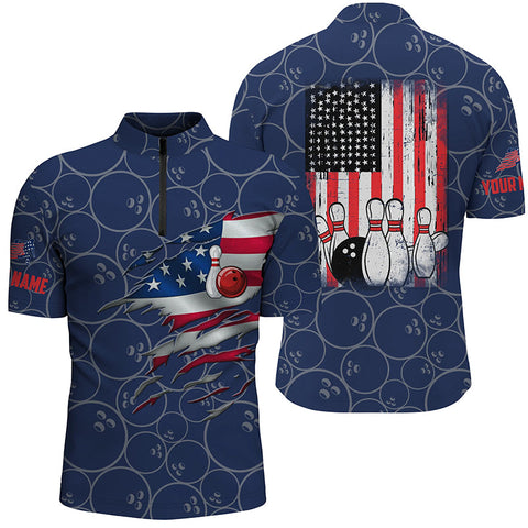 MaxCorners Bowling Ball And Pins Blue Vintage American Flag Bowling Jerseys Customized Name, Team Name 3D Stand Collar Zipper Polo Shirt