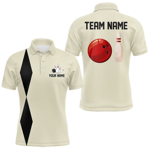 Maxcorners Personalized Retro Bowling Polo, 1/4 Zip Shirts For Men custom vintage bowling team jersey | Beige LM0611