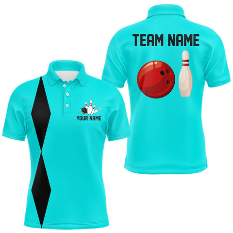 Maxcorners Personalized Retro Bowling Polo, 1/4 Zip Shirt For Men custom vintage bowling team jersey | Cyan Blue LM0611