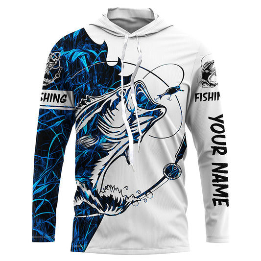 Maxcorners Blue camo Bass fishing Customize Name UV protection long sleeves fishing shirt for men LM0201