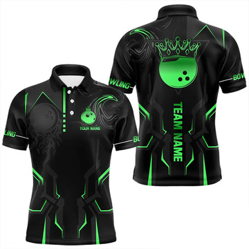 Maxcorners Black and Green Bowling Polo, Quarter Zip Shirts For Men Custom Bowling Crown Team Jerseys Outfits