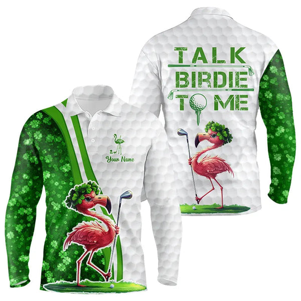 Maxcorners Funny Mens Golf Polo Shirt Custom Flamingo Green Shamrock Pattern Lucky Golf Shirts Talk Birdie To Me