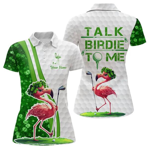 Maxcorners Funny Mens Golf Polo Shirt Custom Flamingo Green Shamrock Pattern Lucky Golf Shirts Talk Birdie To Me