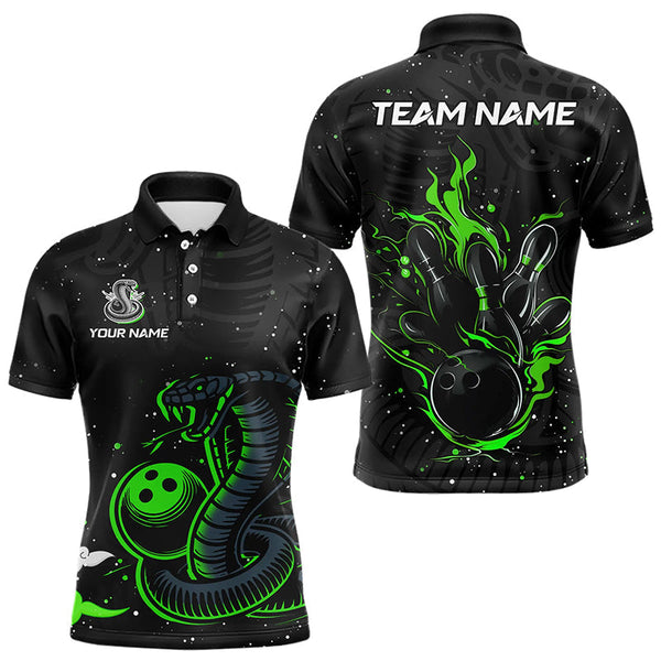 Maxcorners Black And Green Cobra Snake Bowling Polo, Quarter Zip Shirts For Men Custom Name Bowling Team Shirts