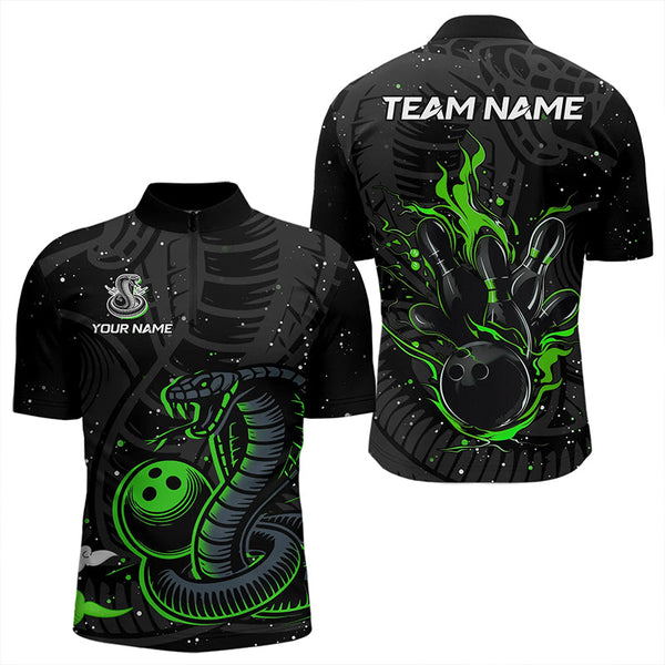 Maxcorners Black And Green Cobra Snake Bowling Polo, Quarter Zip Shirts For Men Custom Name Bowling Team Shirts